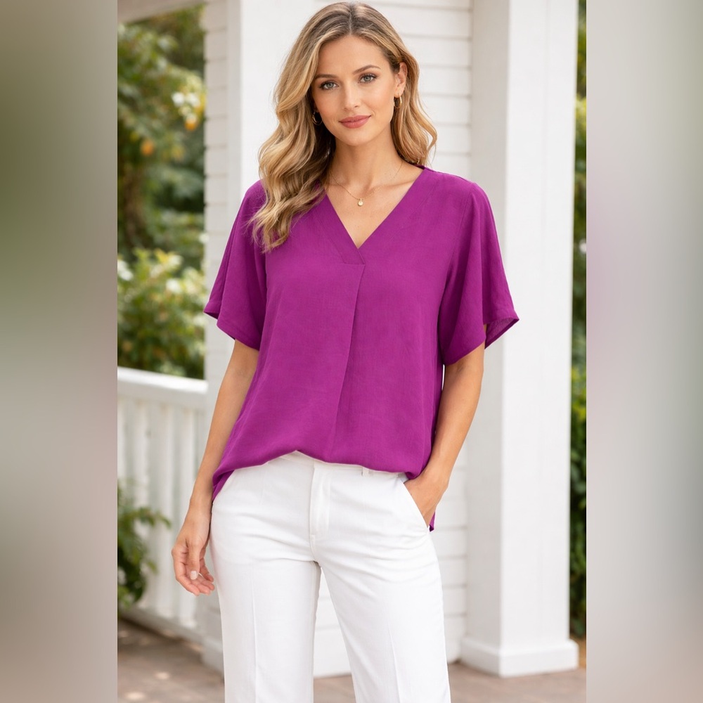 Eileen Fisher Purple/Berry 100% Silk V Neck Tunic Blouse, Short Sleeves, XS/TP